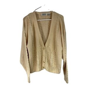 Vintage Cristina Size Large Cream Cable Knit Cardigan Sweater V Neck Gold button